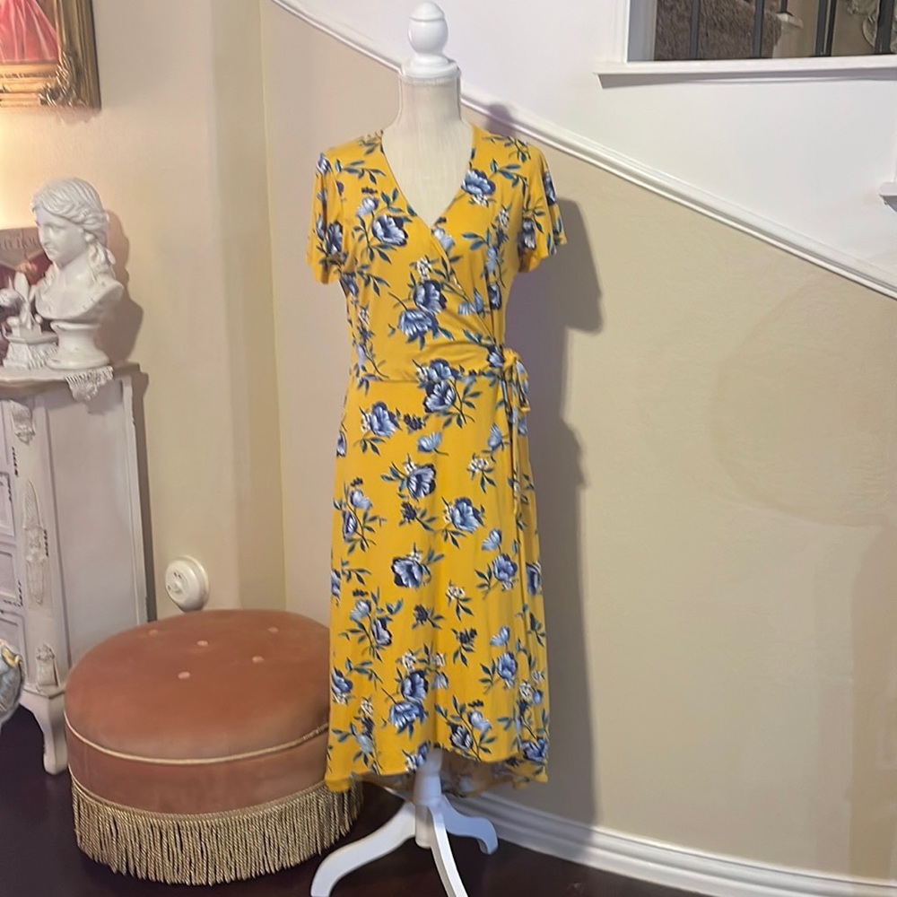 Yellow midi high low dress with blue floral print, soft fabric, flutter sleeves